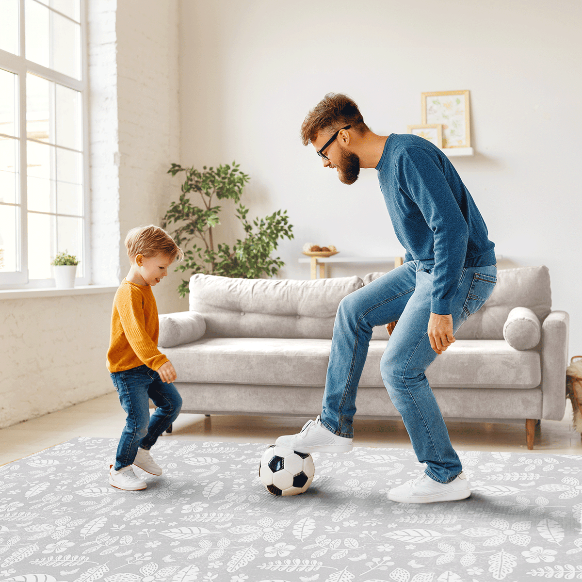 Tranquil Flower - Gray play mat in a real room