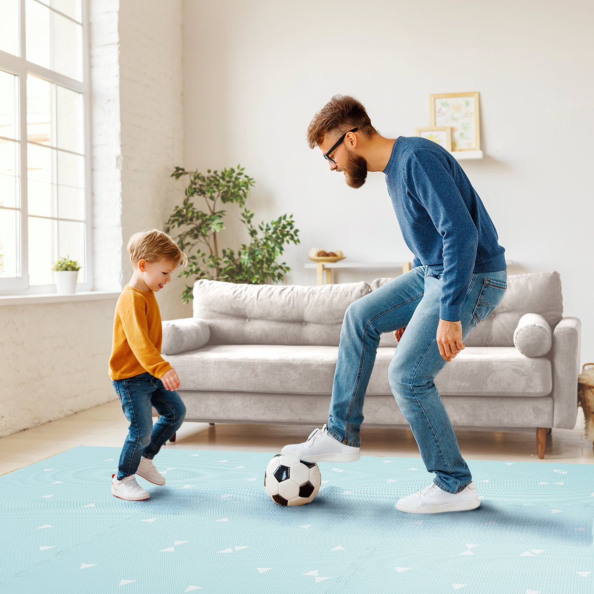 Totem - Triangles Blue play mat in a real room