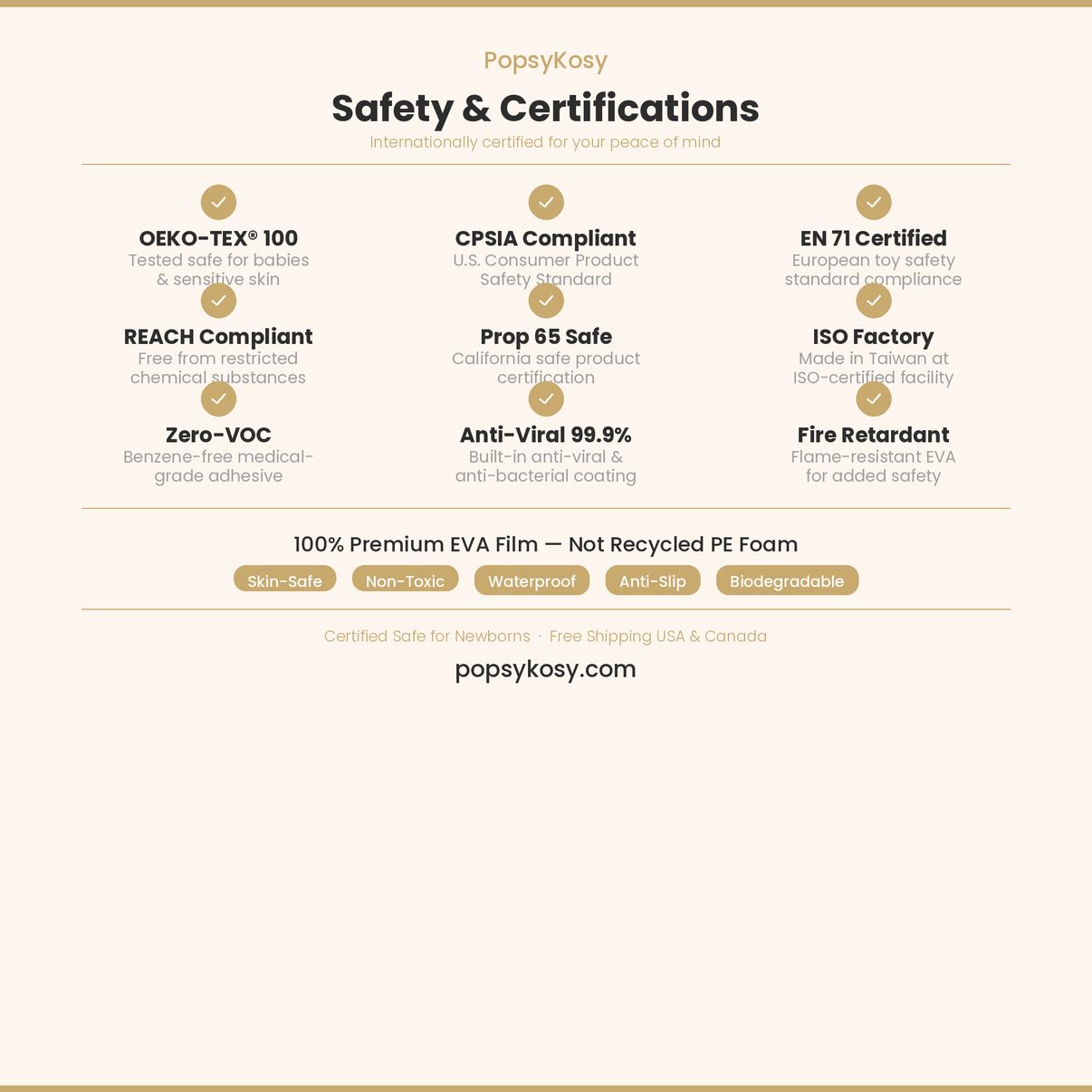 PopsyKosy safety certifications - OEKO-TEX CPSIA EN 71 non-toxic EVA play mat