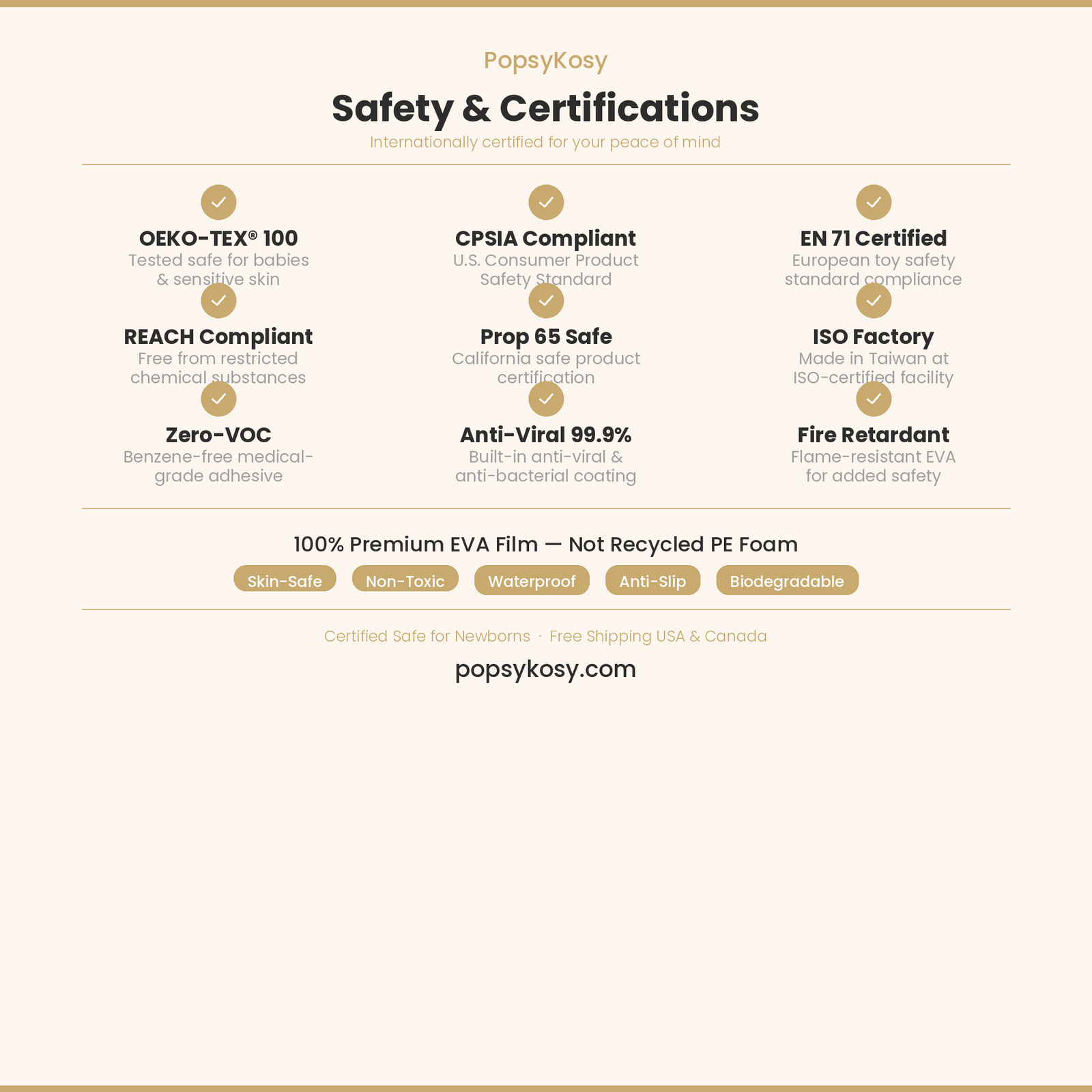 PopsyKosy safety certifications - OEKO-TEX CPSIA EN 71 non-toxic EVA play mat