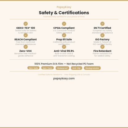 PopsyKosy safety certifications - OEKO-TEX CPSIA EN 71 non-toxic EVA play mat
