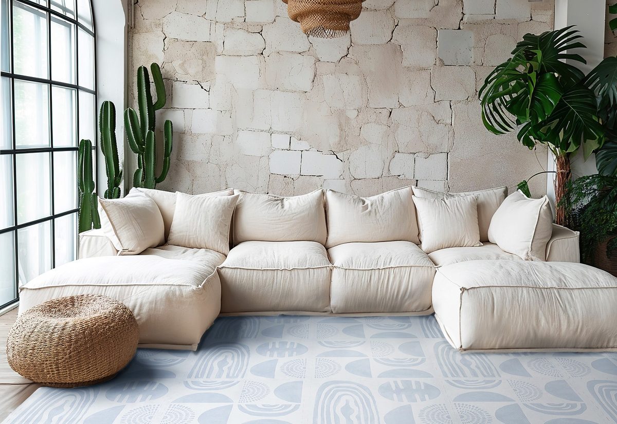 PopsyKosy Glacier Grey play mat with cream sectional sofa